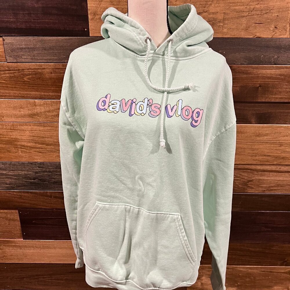 David Dobrik, David's Vlog Unisex Mint Green Hooded Sweatshirt, Size Large